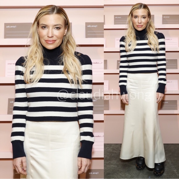 Goop G. LABEL Mindy Cashmere Wool Striped Turtleneck Sweater in Navy Cream - Picture 3 of 17